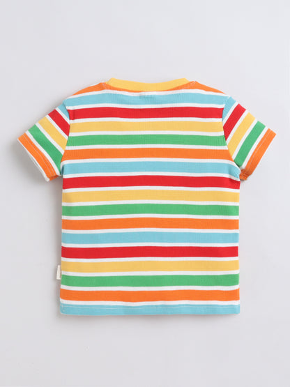 Baby Nation Cotton Knit Half Sleeves Rainbow Striped Coordinating Shorts Set - Multi Color