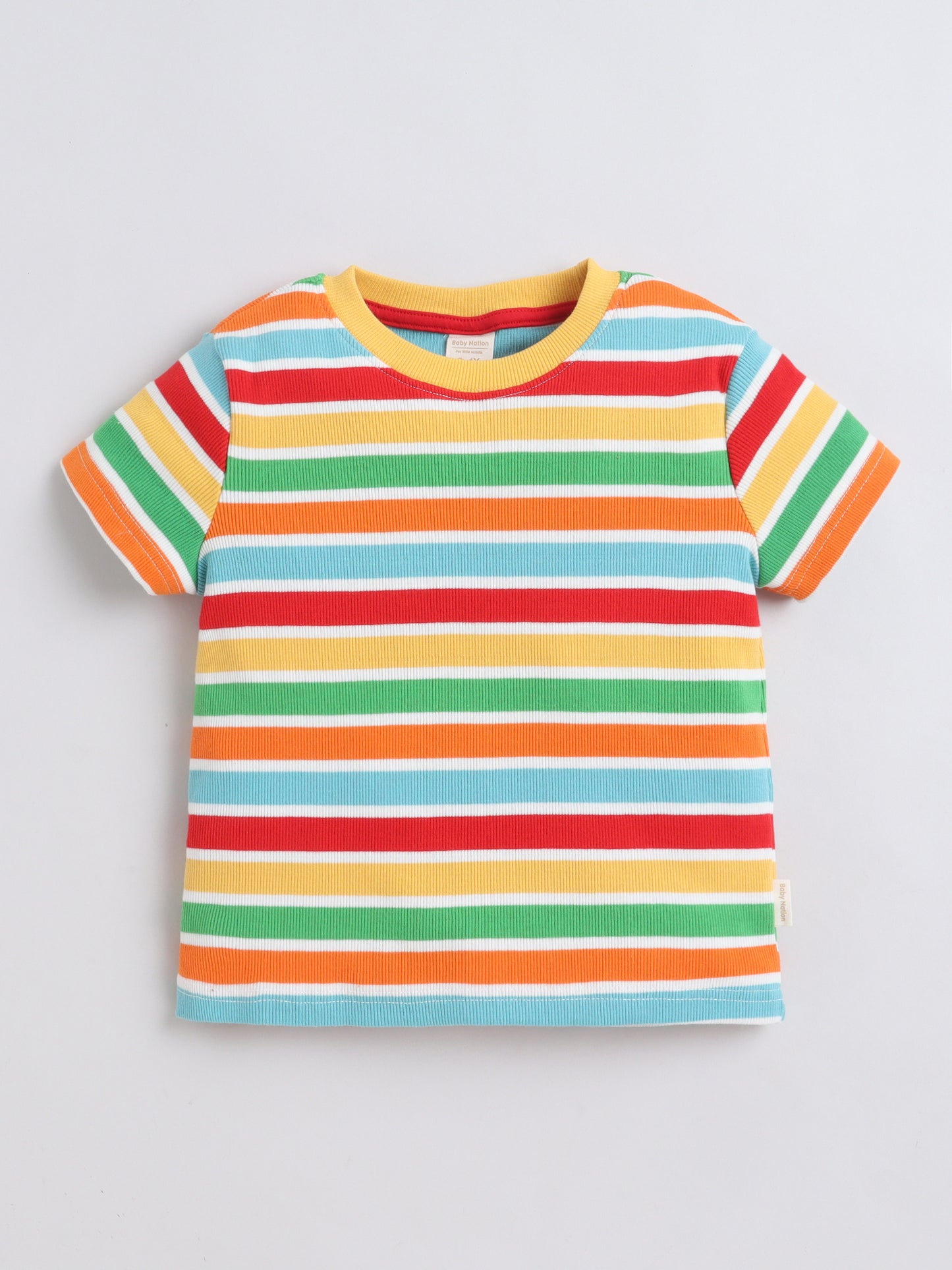 Baby Nation Cotton Knit Half Sleeves Rainbow Striped Coordinating Shorts Set - Multi Color
