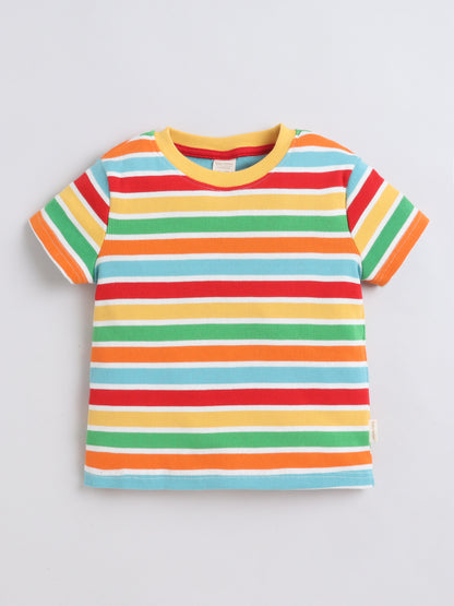 Baby Nation Cotton Knit Half Sleeves Rainbow Striped Coordinating Shorts Set - Multi Color