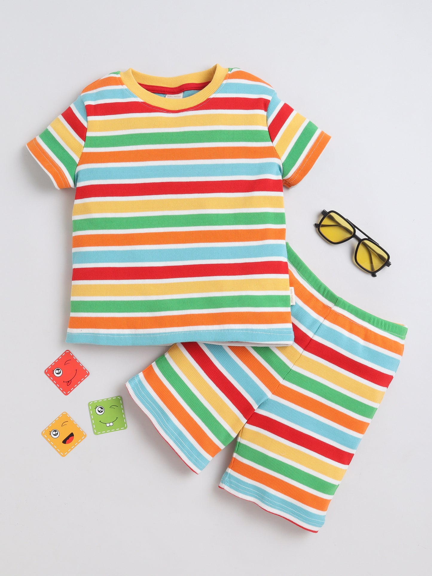 Baby Nation Cotton Knit Half Sleeves Rainbow Striped Coordinating Shorts Set - Multi Color