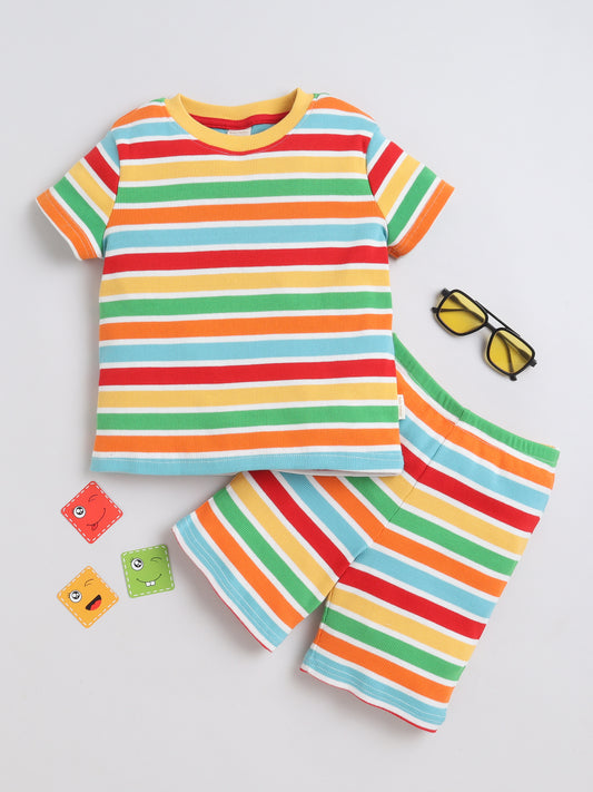 Baby Nation Cotton Knit Half Sleeves Rainbow Striped Coordinating Shorts Set - Multi Color