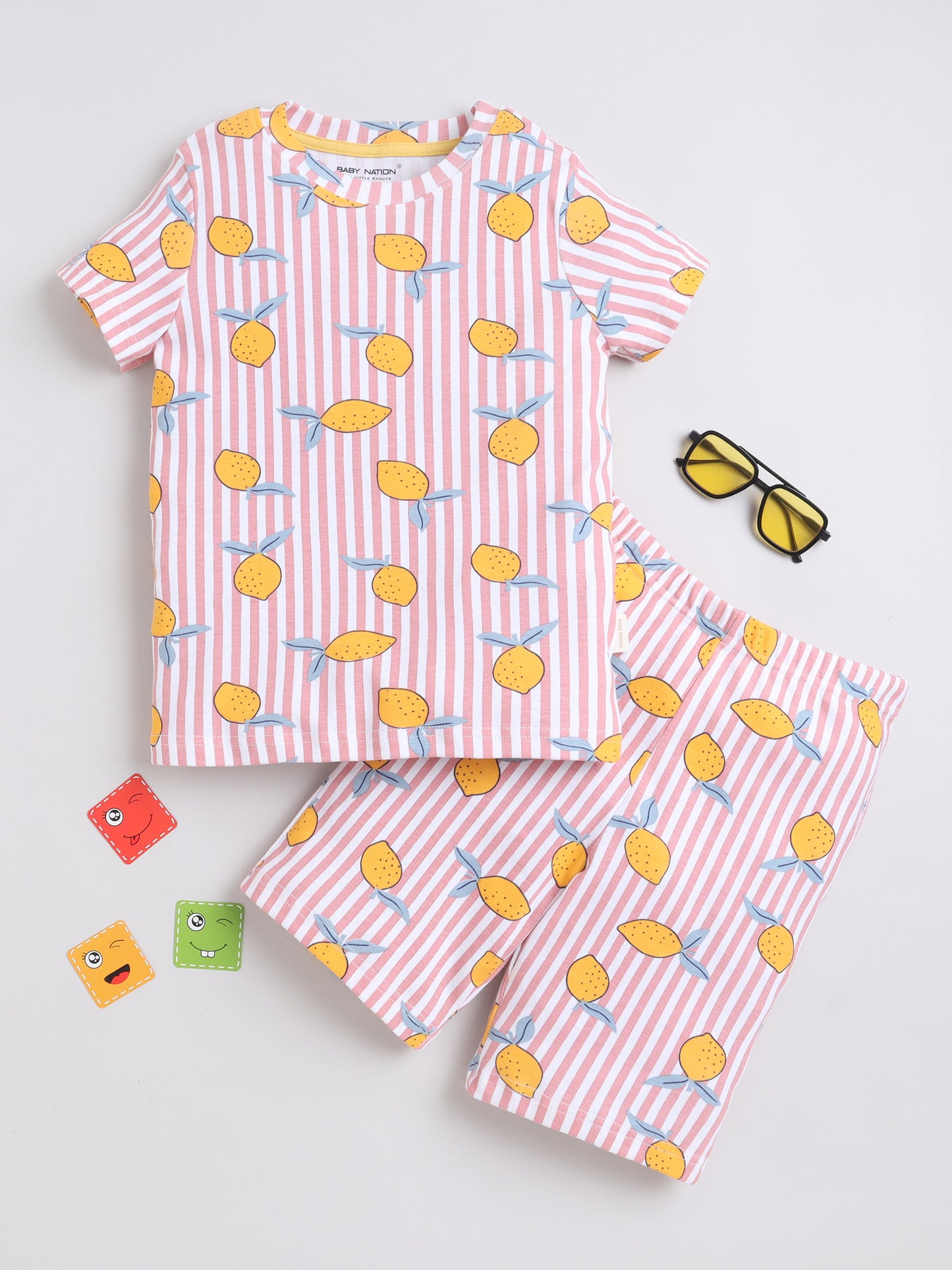 Baby Nation Cotton Knit Half Sleeves Mangos Printed Coordinating Shorts Set - Baby Pink