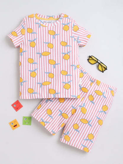 Baby Nation Cotton Knit Half Sleeves Mangos Printed Coordinating Shorts Set - Baby Pink
