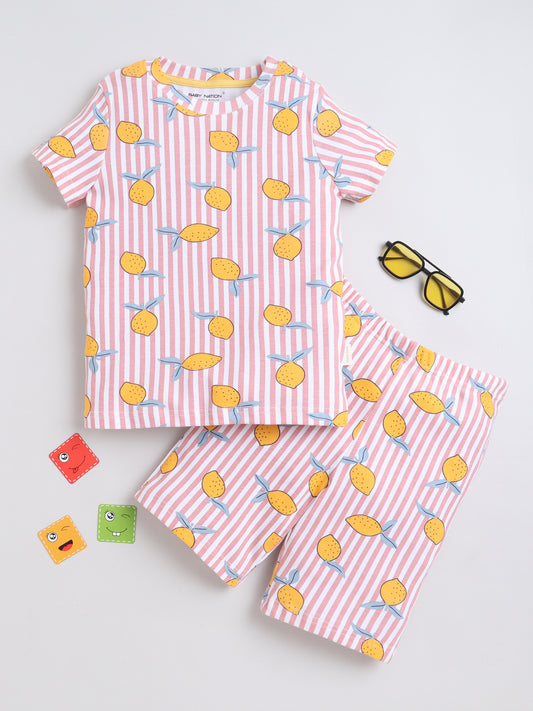 Baby Nation Cotton Knit Half Sleeves Mangos Printed Coordinating Shorts Set - Baby Pink