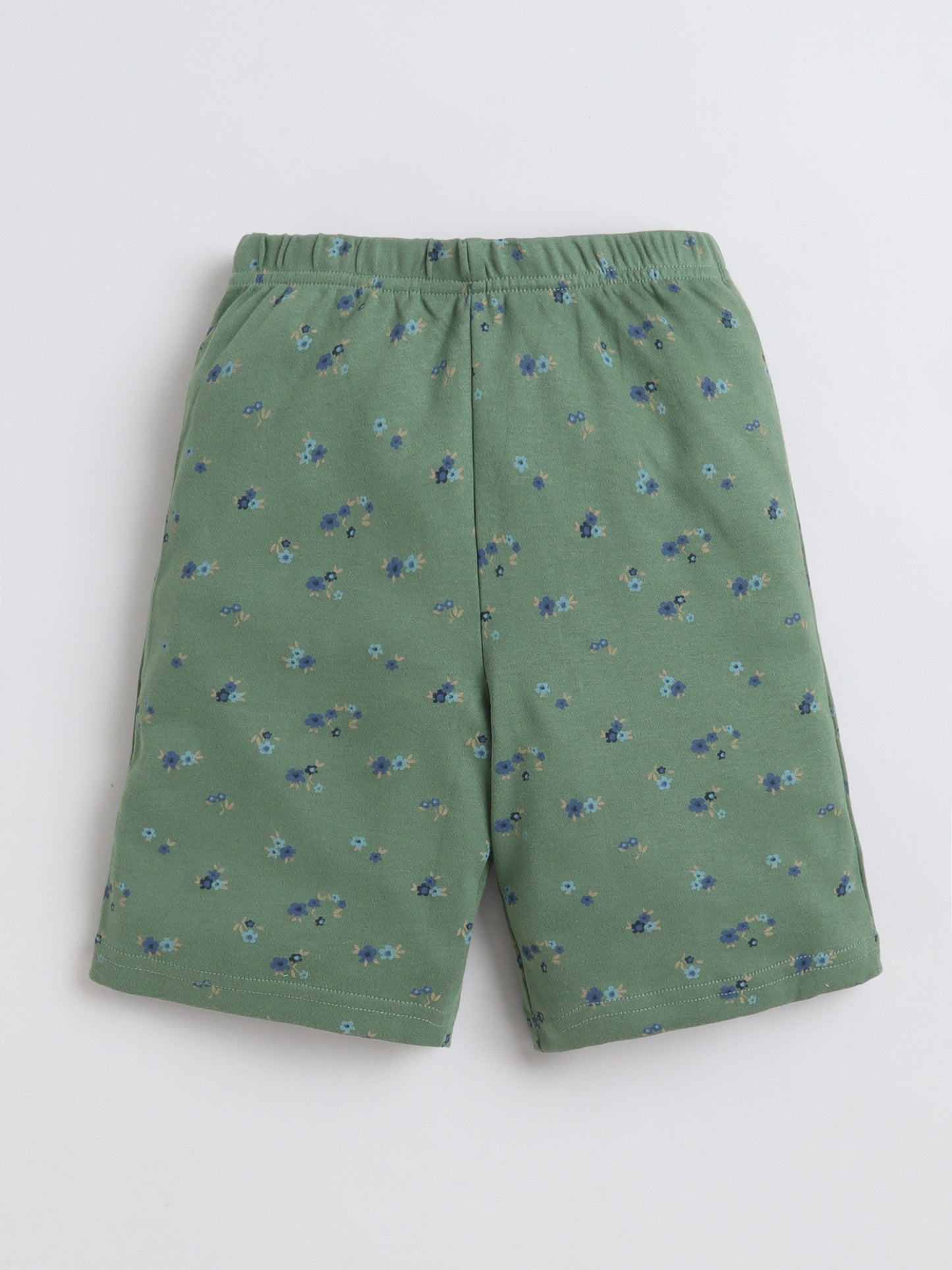 Baby Nation Cotton Knit Half Sleeves Flower Bunch Printed Coordinating Shorts Set - Green