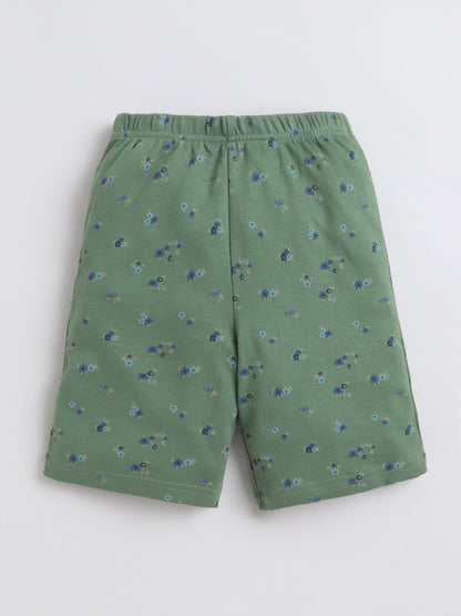 Baby Nation Cotton Knit Half Sleeves Flower Bunch Printed Coordinating Shorts Set - Green