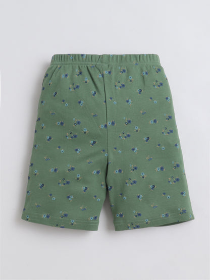 Baby Nation Cotton Knit Half Sleeves Flower Bunch Printed Coordinating Shorts Set - Green