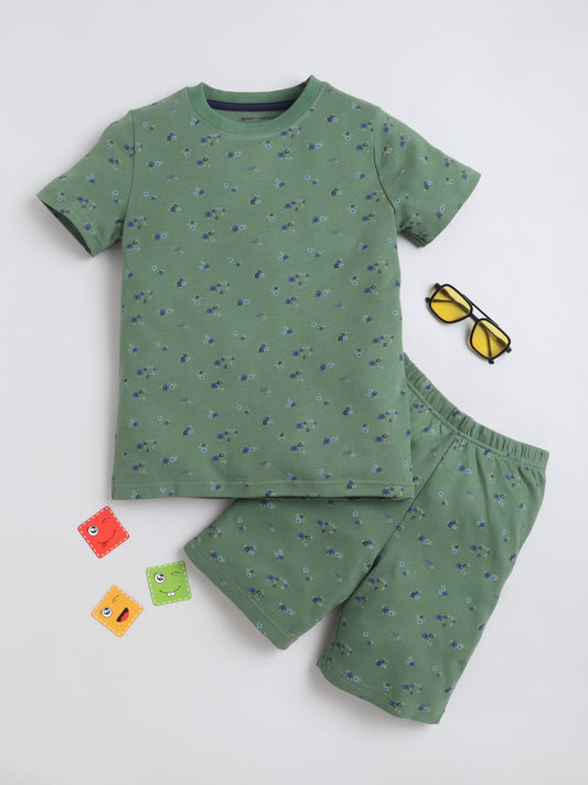 Baby Nation Cotton Knit Half Sleeves Flower Bunch Printed Coordinating Shorts Set - Green
