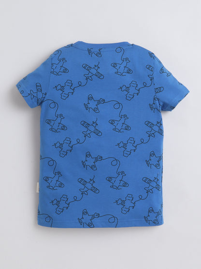 Baby Nation Cotton Knit Half Sleeves Blue Airplane Coordinating Shorts Set - blue