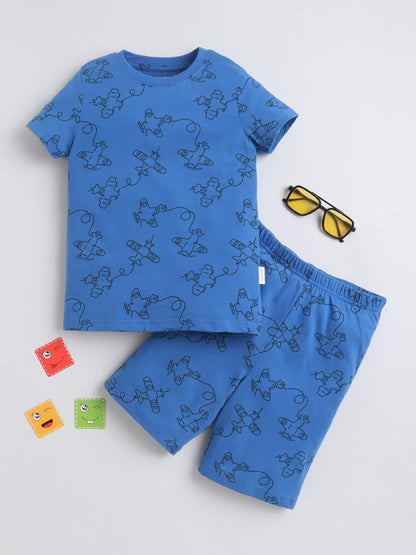 Baby Nation Cotton Knit Half Sleeves Blue Airplane Coordinating Shorts Set - blue