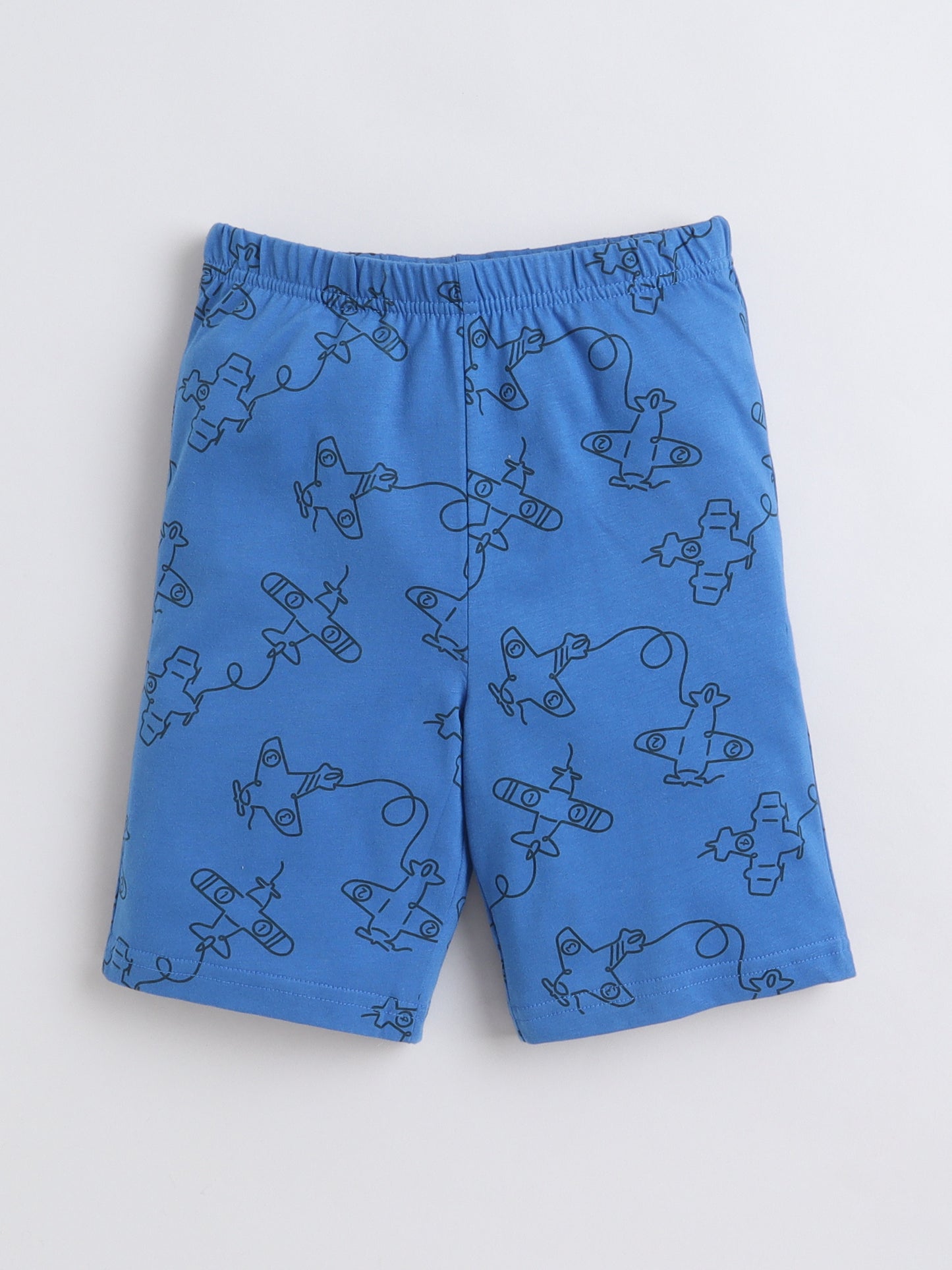 Baby Nation Cotton Knit Half Sleeves Blue Airplane Coordinating Shorts Set - blue
