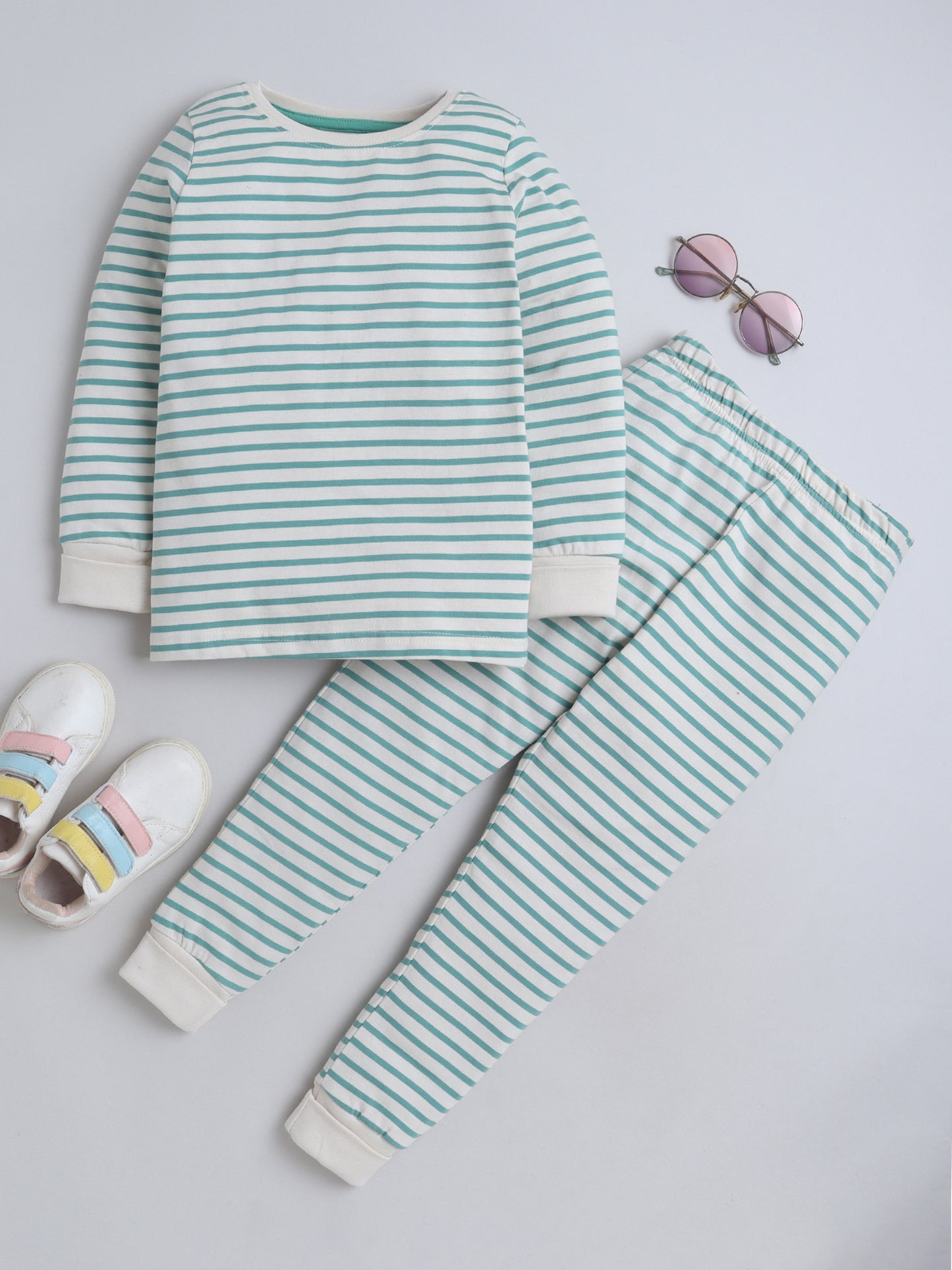 Baby Nation Kids Printed Cotton Night Suit Set- Green Stripes