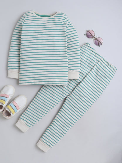 Baby Nation Kids Printed Cotton Night Suit Set- Green Stripes