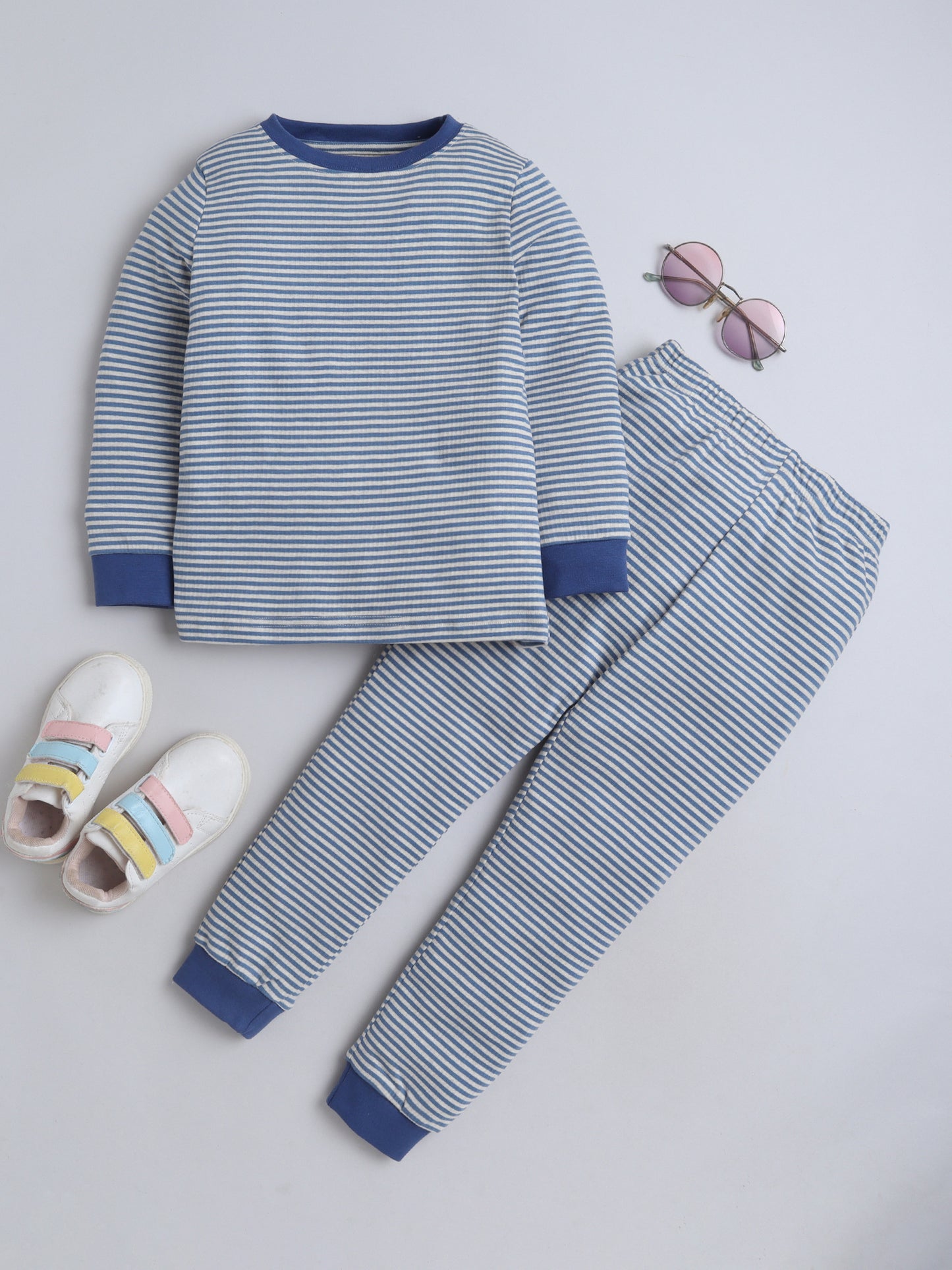 Baby Nation Kids Printed Cotton Night Suit Set- Navy Stripes