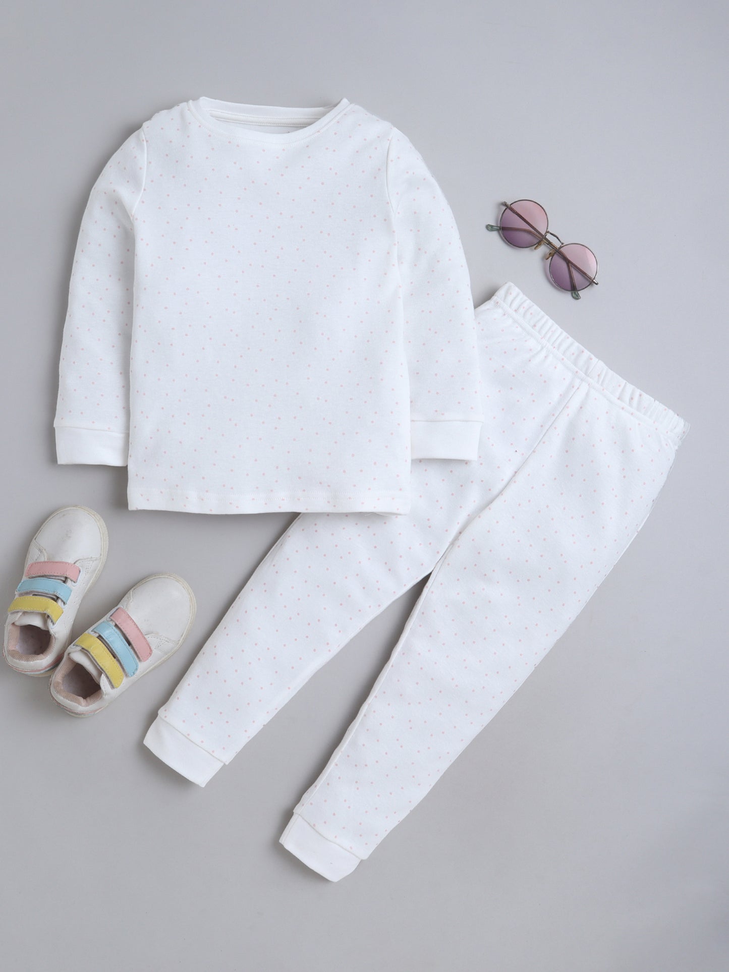 Baby Nation Kids Printed Cotton Night Suit Set - White Dot