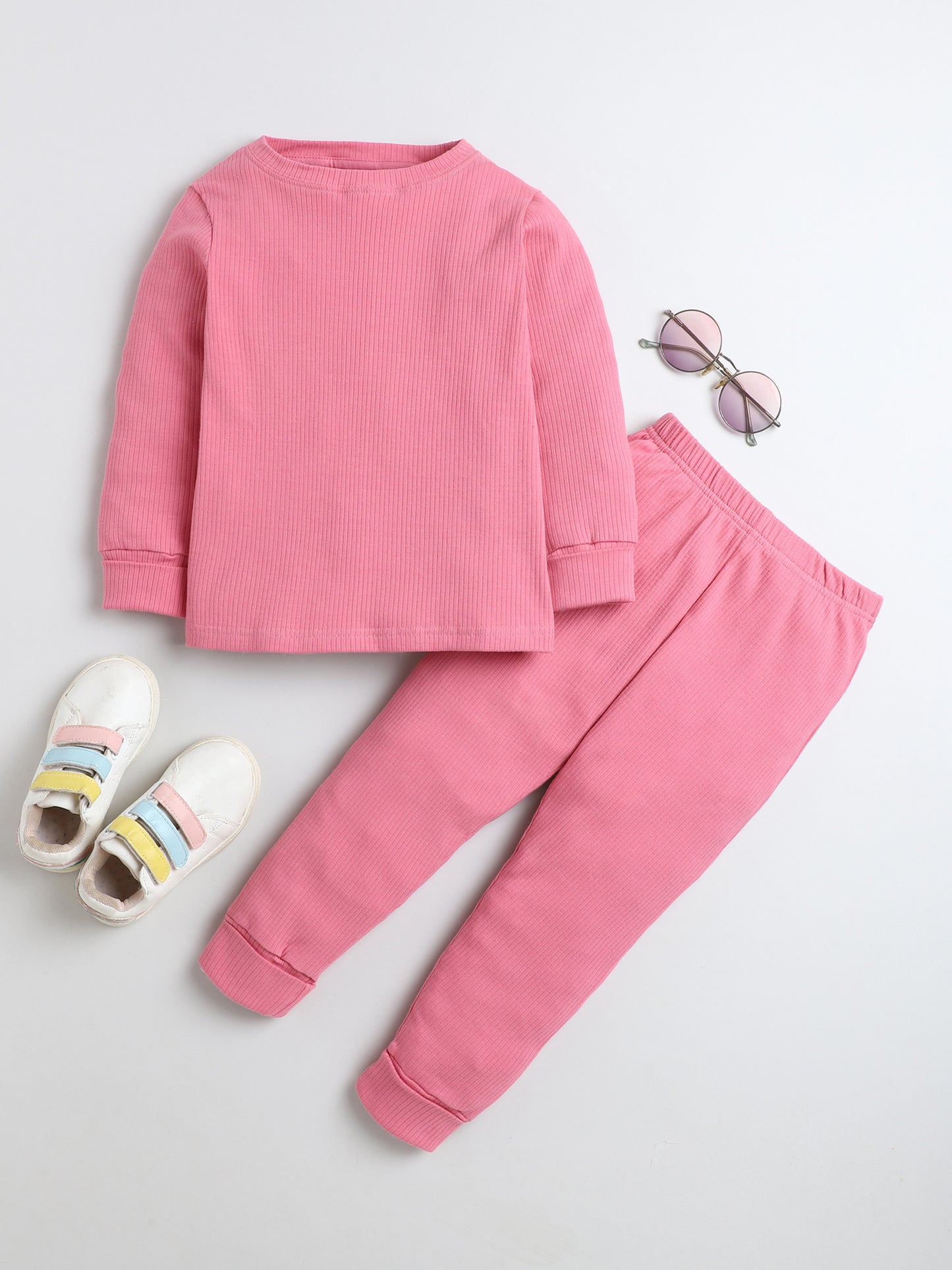 Baby Nation Kids Printed Cotton Night Suit Set- Pink Solid