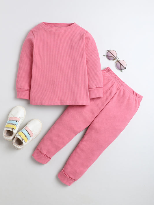 Baby Nation Kids Printed Cotton Night Suit Set- Pink Solid