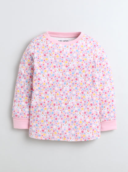 Baby Nation Kids Printed Cotton Night Suit Set- Pink Unicorn
