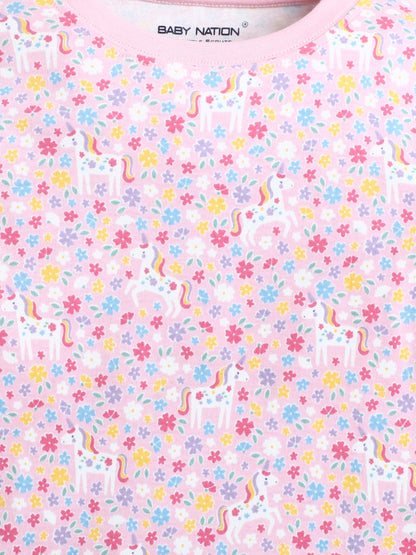 Baby Nation Kids Printed Cotton Night Suit Set- Pink Unicorn