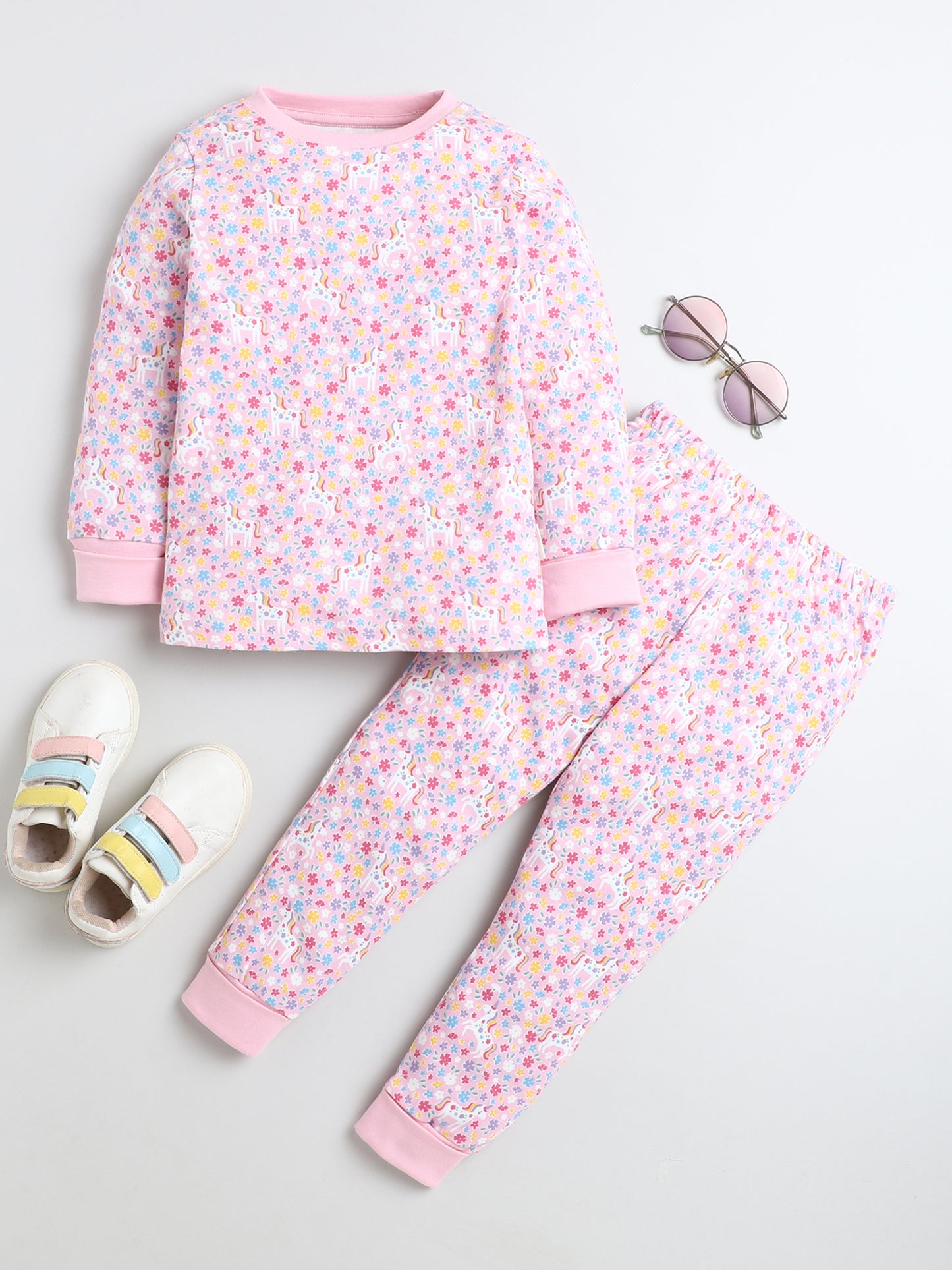 Baby Nation Kids Printed Cotton Night Suit Set- Pink Unicorn