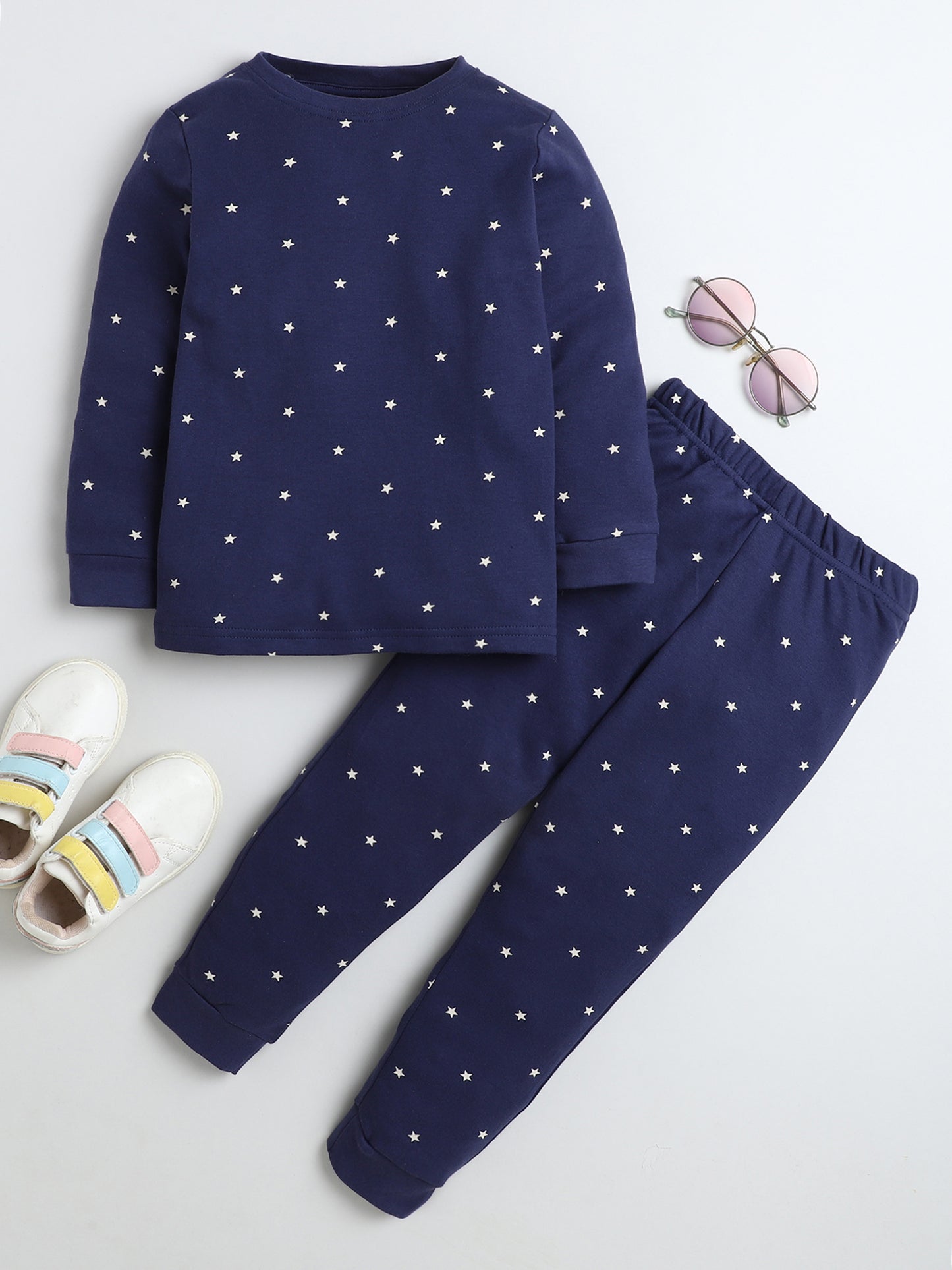 Baby Nation Kids Printed Cotton Night Suit Set- Navy Star Print