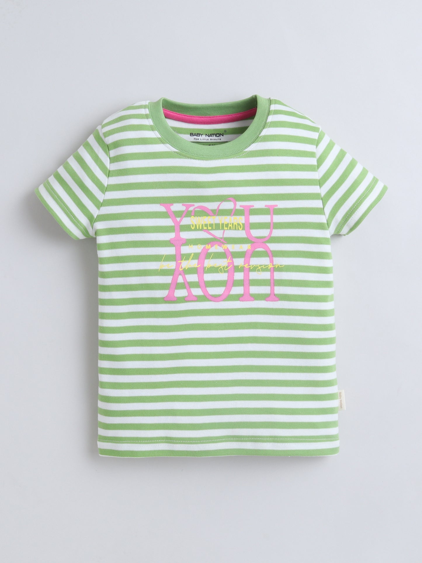 Baby Nation Kids Green Stripe Co-Ord Set | Graphic Printed Top with Shorts