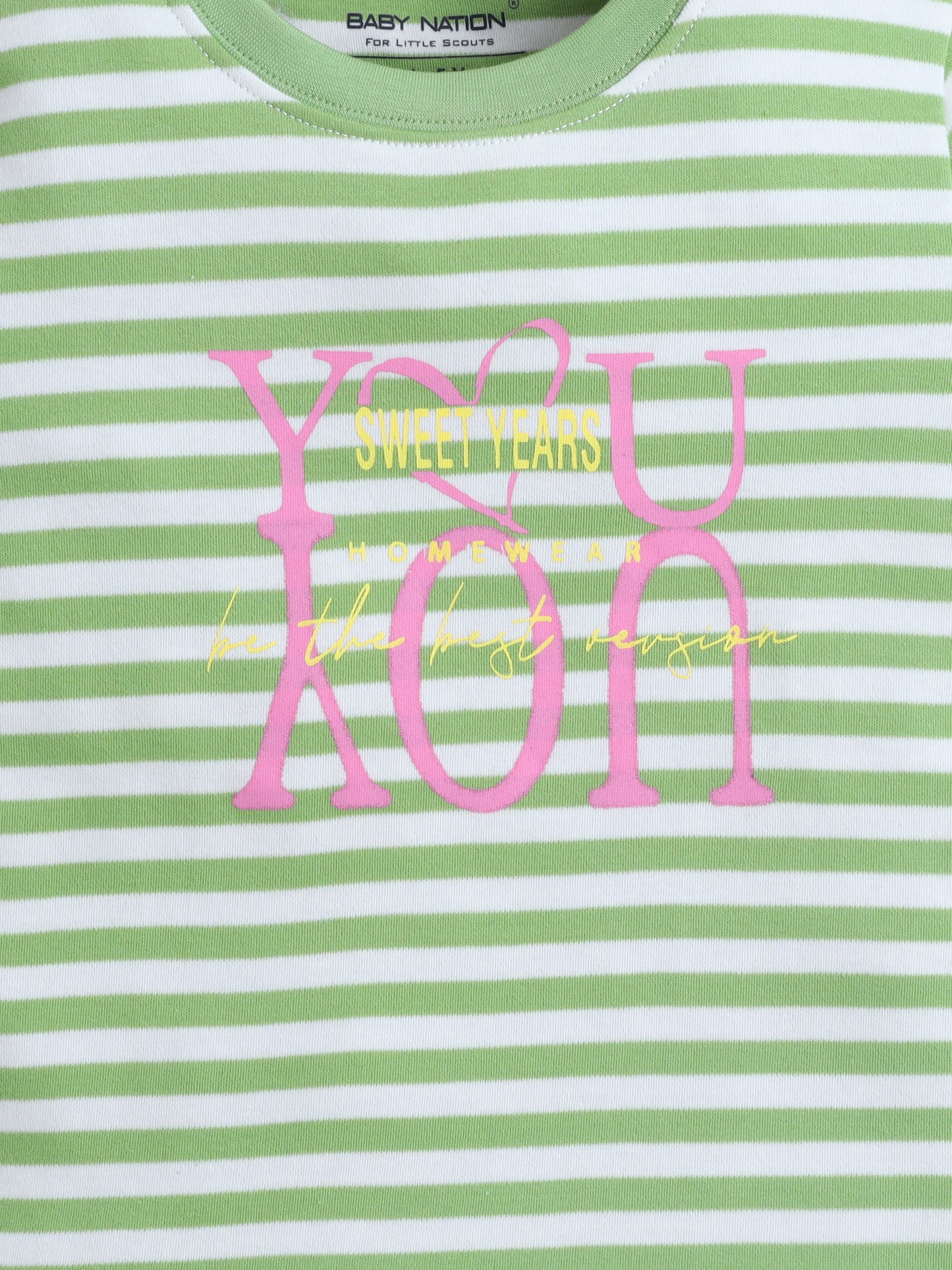 Baby Nation Kids Green Stripe Co-Ord Set | Graphic Printed Top with Shorts