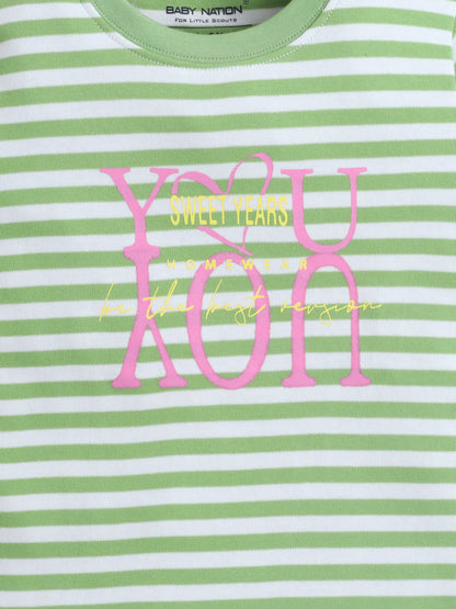 Baby Nation Kids Green Stripe Co-Ord Set | Graphic Printed Top with Shorts