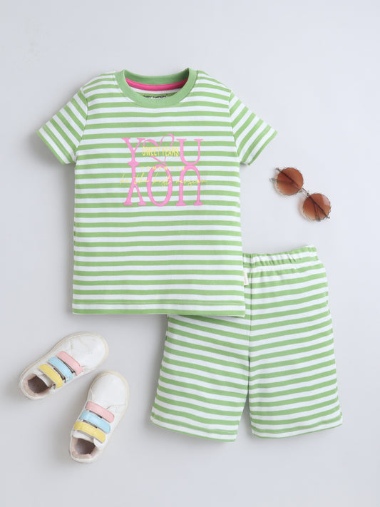 Baby Nation Kids Green Stripe Co-Ord Set | Graphic Printed Top with Shorts