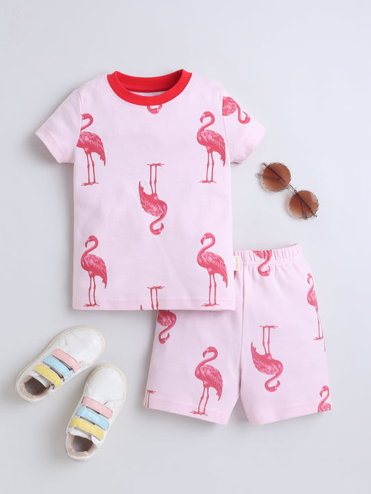 Baby Nation Girls Flamingo Print Cotton T-Shirt & Shorts Set – Pink Co-ord Outfit