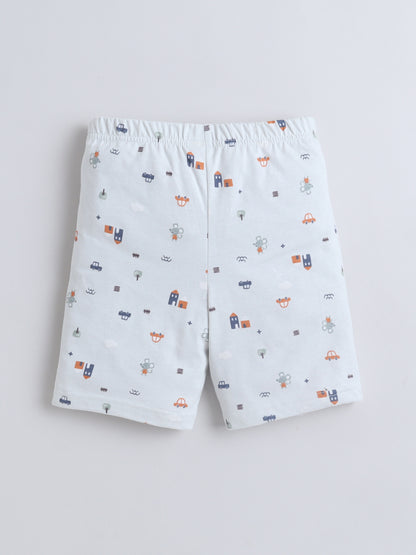Baby Nation Boys White Printed T-Shirt and Shorts Set | Kids Cotton Co-ord Set with Vehicle Print