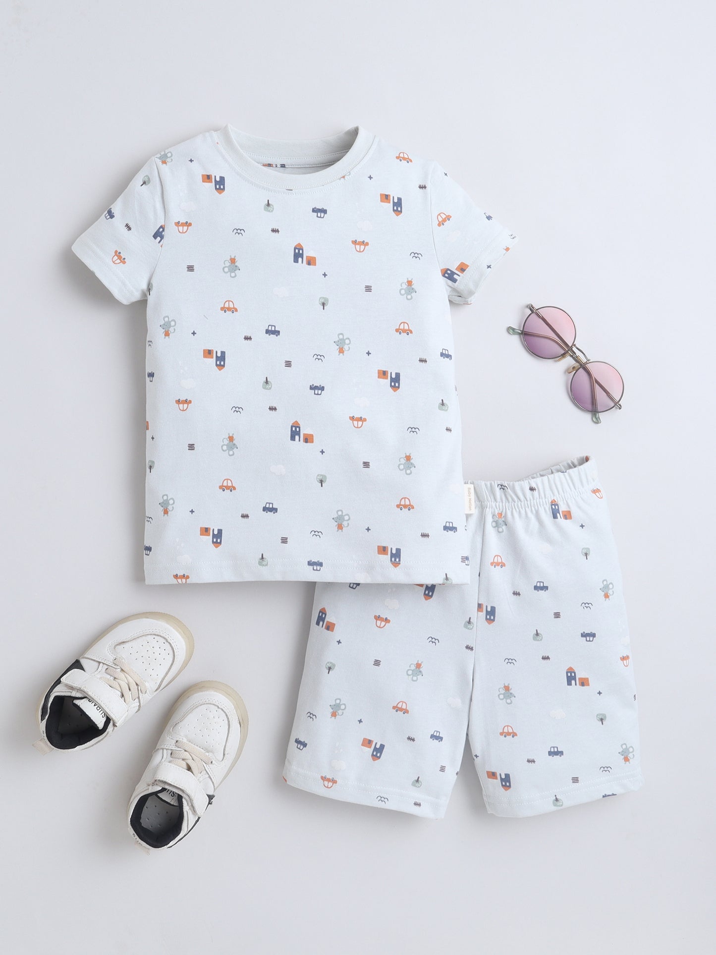Baby Nation Boys White Printed T-Shirt and Shorts Set | Kids Cotton Co-ord Set with Vehicle Print