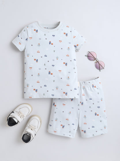 Baby Nation Boys White Printed T-Shirt and Shorts Set | Kids Cotton Co-ord Set with Vehicle Print
