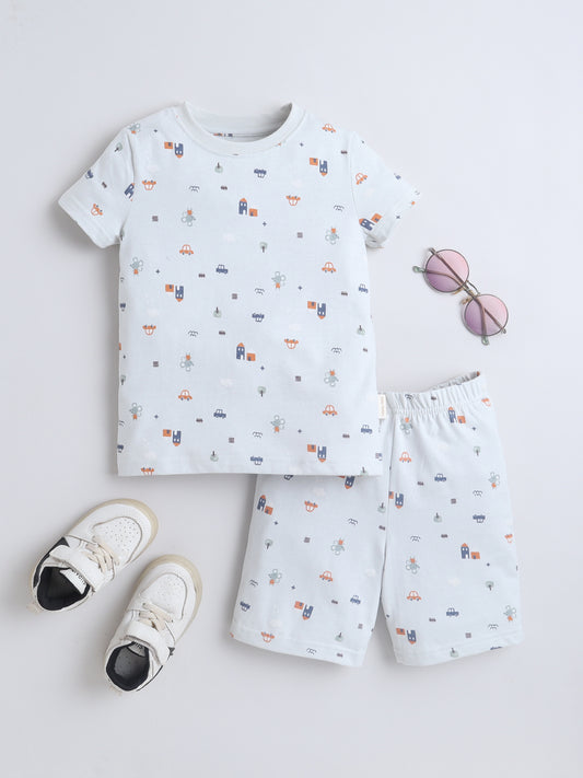 Baby Nation Boys White Printed T-Shirt and Shorts Set | Kids Cotton Co-ord Set with Vehicle Print