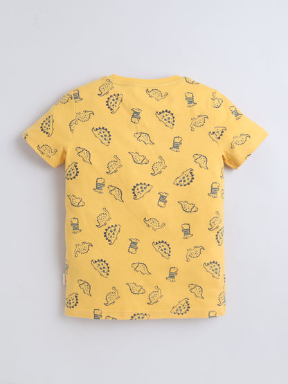 Baby Nation Cotton Knit Half Sleeves Yellow Dino Coordinating Shorts Set - Yellow