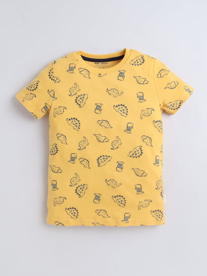 Baby Nation Cotton Knit Half Sleeves Yellow Dino Coordinating Shorts Set - Yellow
