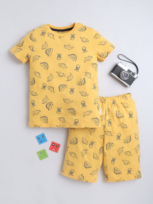 Baby Nation Cotton Knit Half Sleeves Yellow Dino Coordinating Shorts Set - Yellow