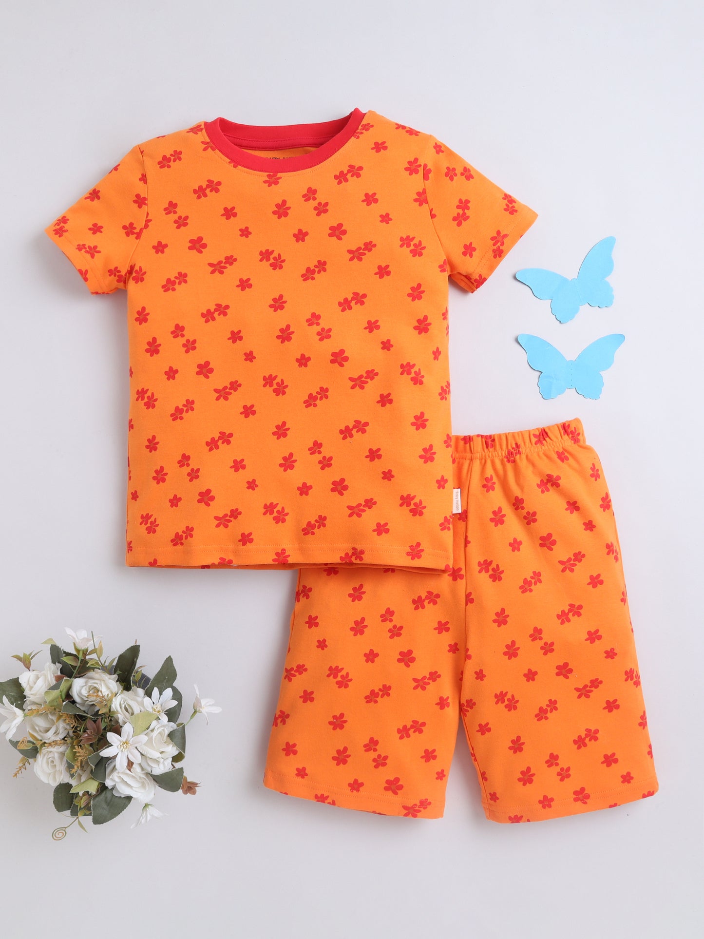 Baby Nation Girls Flower Print Cotton T-Shirt & Shorts Set – Orange Co-ord Outfit