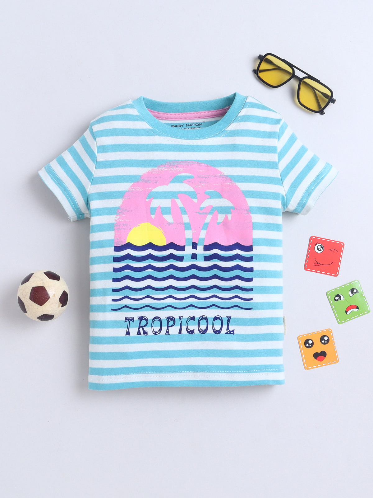 Baby Nation Cotton Knit Half Sleeves Printed T-Shirt - Blue Striped