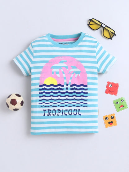 Baby Nation Cotton Knit Half Sleeves Printed T-Shirt - Blue Striped