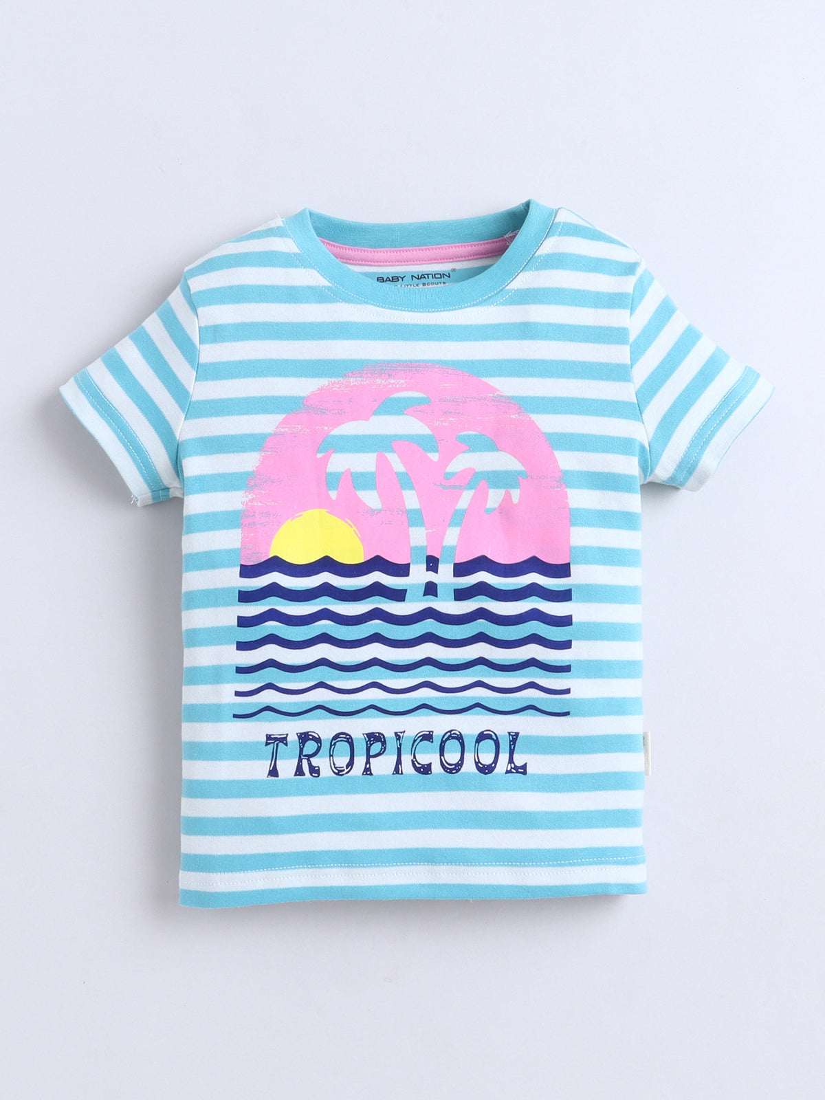 Baby Nation Cotton Knit Half Sleeves Printed T-Shirt - Blue Striped