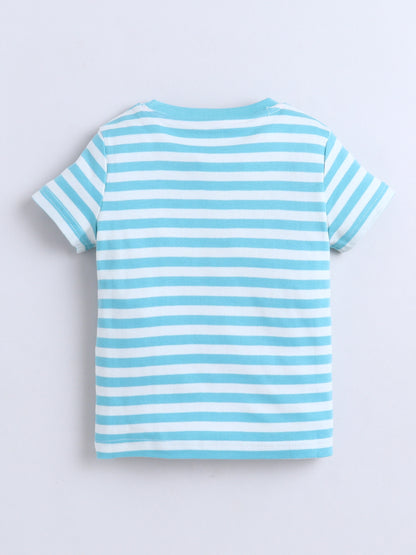 Baby Nation Cotton Knit Half Sleeves Printed T-Shirt - Blue Striped