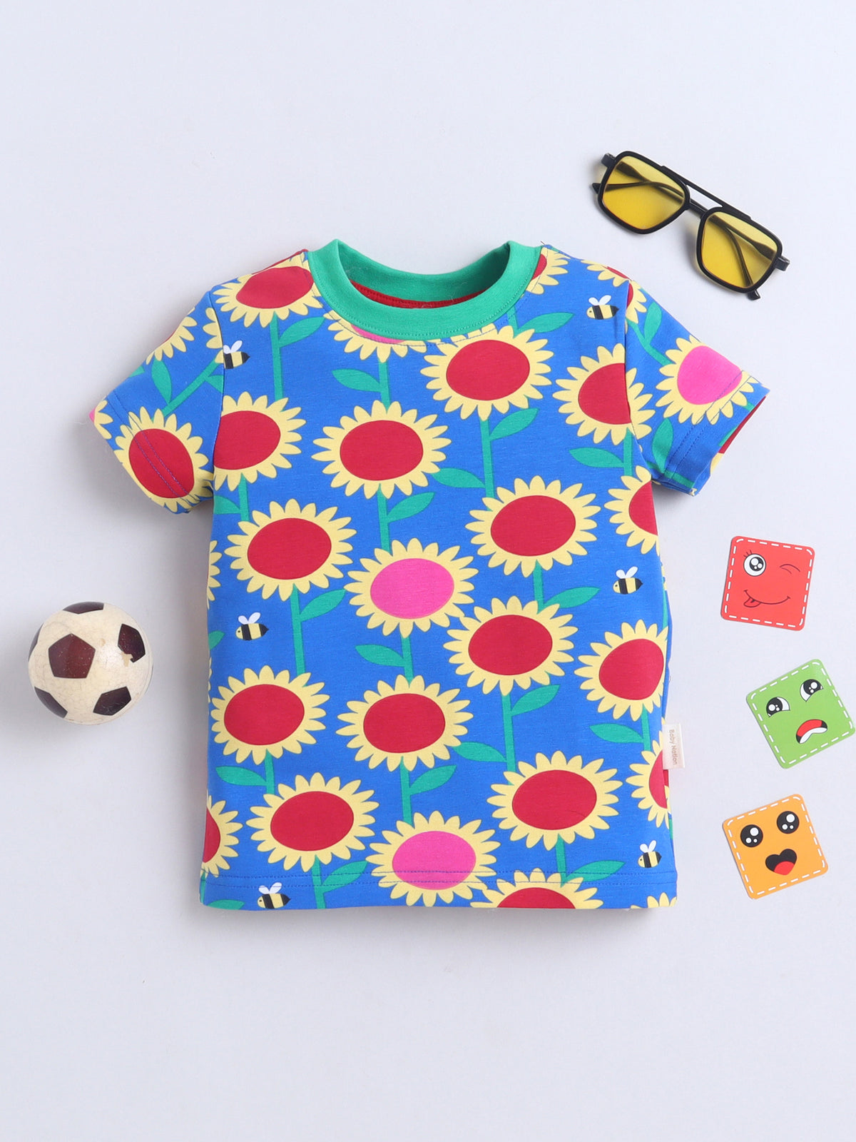 Baby Nation Cotton Knit Half Sleeves Printed T-Shirt - Blue Sun Flower