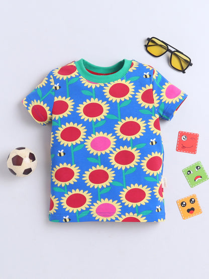 Baby Nation Cotton Knit Half Sleeves Printed T-Shirt - Blue Sun Flower