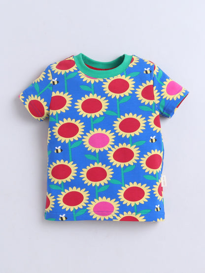 Baby Nation Cotton Knit Half Sleeves Printed T-Shirt - Blue Sun Flower