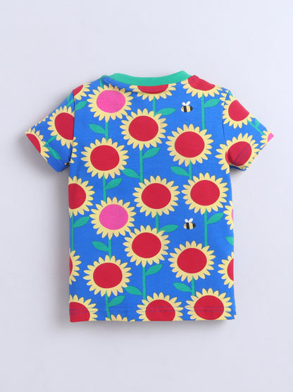 Baby Nation Cotton Knit Half Sleeves Printed T-Shirt - Blue Sun Flower