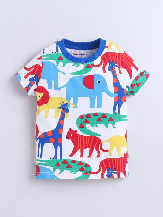 Baby Nation Cotton Knit Half Sleeves Printed T-Shirt - Animal AOP