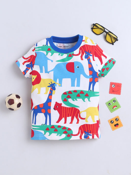 Baby Nation Cotton Knit Half Sleeves Printed T-Shirt - Animal AOP