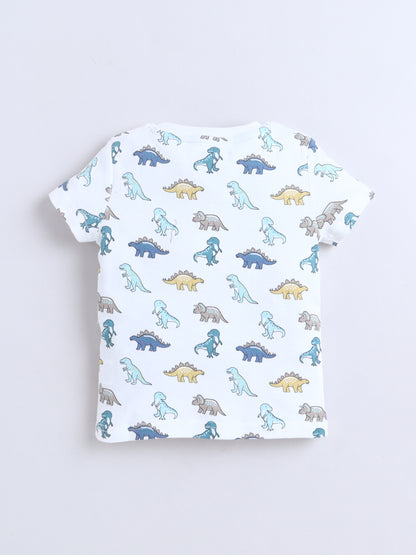 Baby Nation Cotton Knit Half Sleeves Printed T-Shirt - White Dino Print