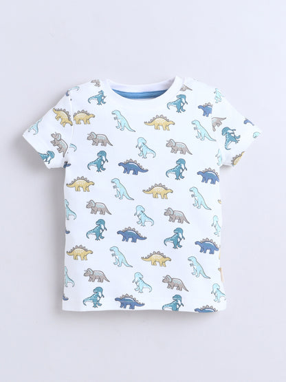 Baby Nation Cotton Knit Half Sleeves Printed T-Shirt - White Dino Print